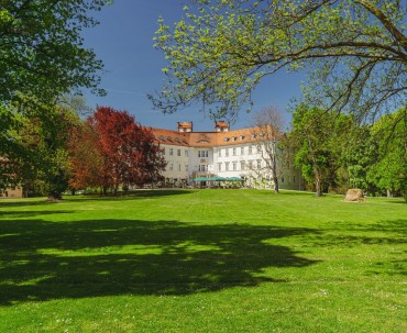 Zamek Lubbenau w Brandenburgii z bujną zielenią parku i piękną fasadą